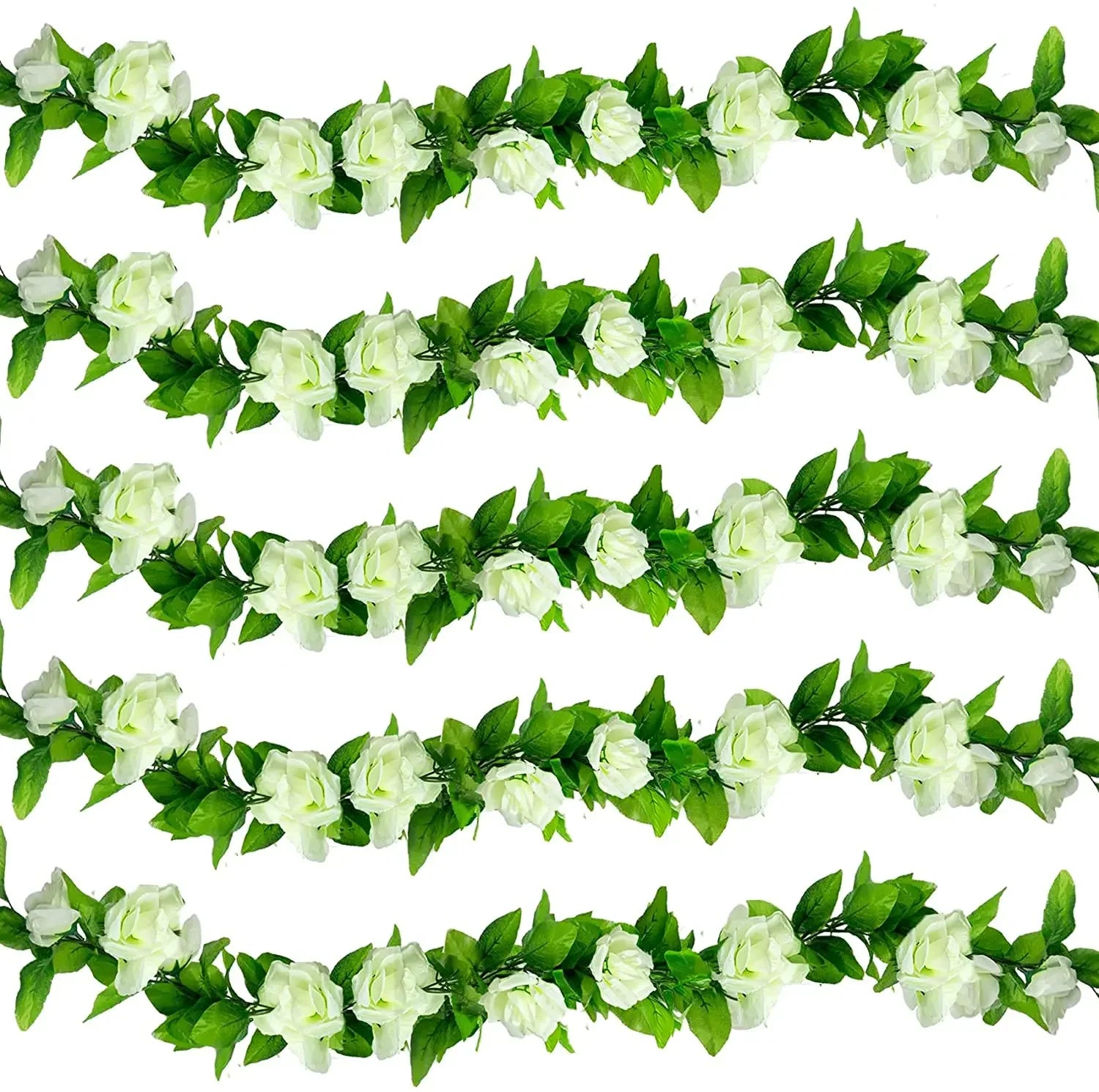 Artificial White Flower Garlands, Rose Vines, Fall Decor, Faux Floral, Wall Hanging Plants, Wedding, Home Party, 5 Pack, 37.5 ft Good Vibrations