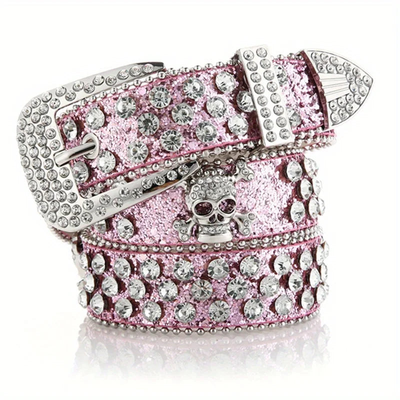 Glamorous Rhinestone Skull Rivet Belt - Perfect for Jeans & Western Outfits! Good Vibrations