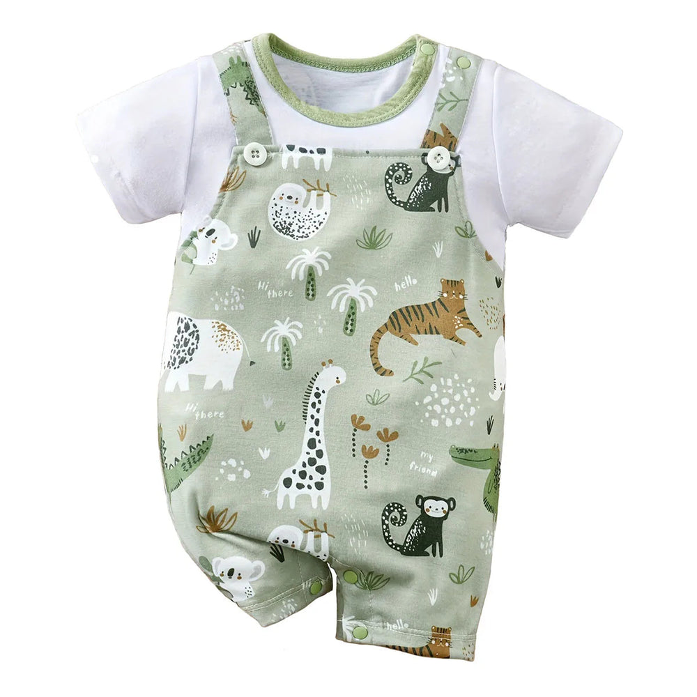 IURNXB Adorable Infant Zoo Animal Print Romper for Boy Newborn Baby Faux Two-Piece Bodysuit with Short Sleeves Casual Play Wear Good Vibrations