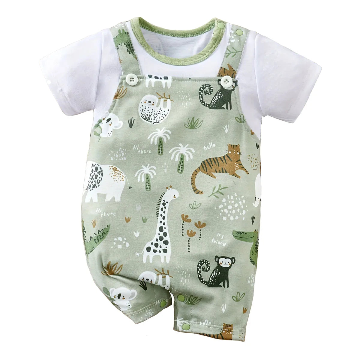 IURNXB Adorable Infant Zoo Animal Print Romper for Boy Newborn Baby Faux Two-Piece Bodysuit with Short Sleeves Casual Play Wear Good Vibrations