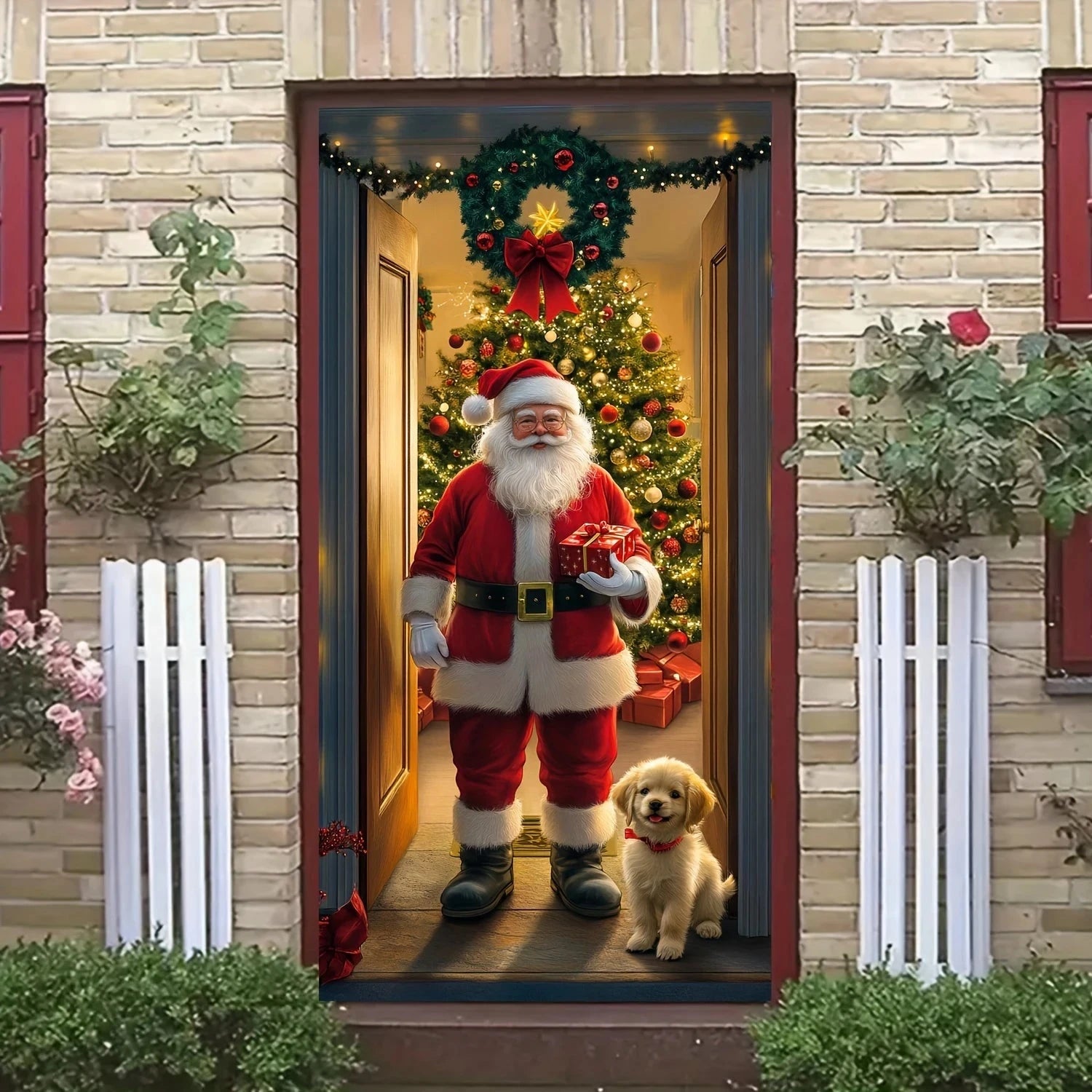 Christmas Tree Door Cover and Santa Claus  Festive Holiday Decoration, Winter themed photography Versatile Hanging for Entrance Good Vibrations
