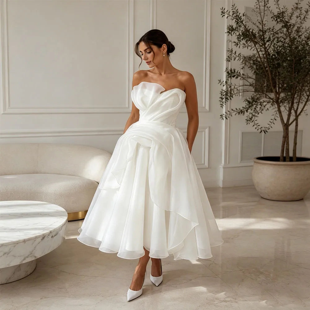 Midi Simple Wedding Dress 2026 Organza A Line Bridal Gown Corset Back Short Reception Dress Civil Vestido Noiva Midi Customized Good Vibrations