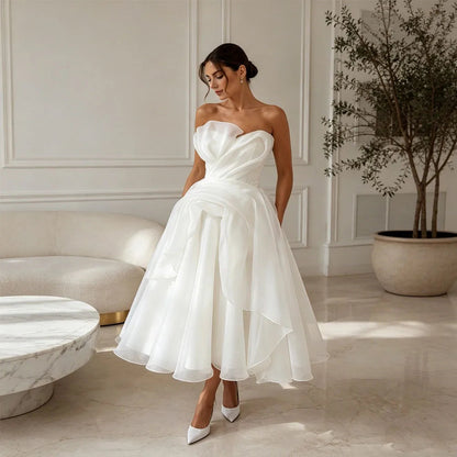 Midi Simple Wedding Dress 2026 Organza A Line Bridal Gown Corset Back Short Reception Dress Civil Vestido Noiva Midi Customized Good Vibrations
