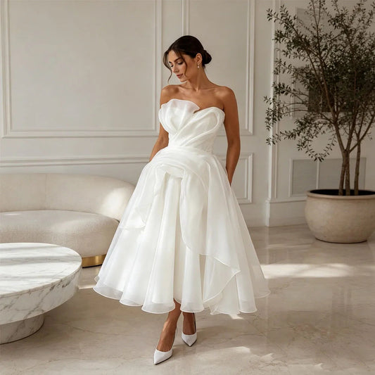Midi Simple Wedding Dress 2026 Organza A Line Bridal Gown Corset Back Short Reception Dress Civil Vestido Noiva Midi Customized Good Vibrations