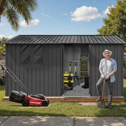 12 x 10 FT Outdoor Storage Shed, Metal Garden Tool Shed with Slooping Roof, Lockable Doors, All-Weather Bike Shed Easy to Assemb Good Vibrations