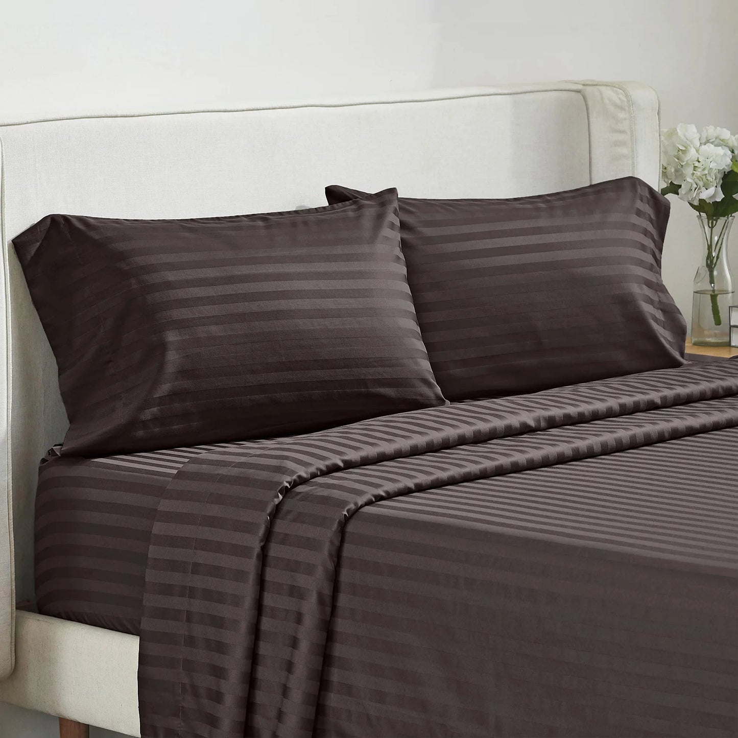 Battilo Bed Sheets 4 Pieces Set Luxury Fitted Flat Sheet with Pillowcases Solid Stripe Bedding Set For Twin Full Queen King Size Good Vibrations