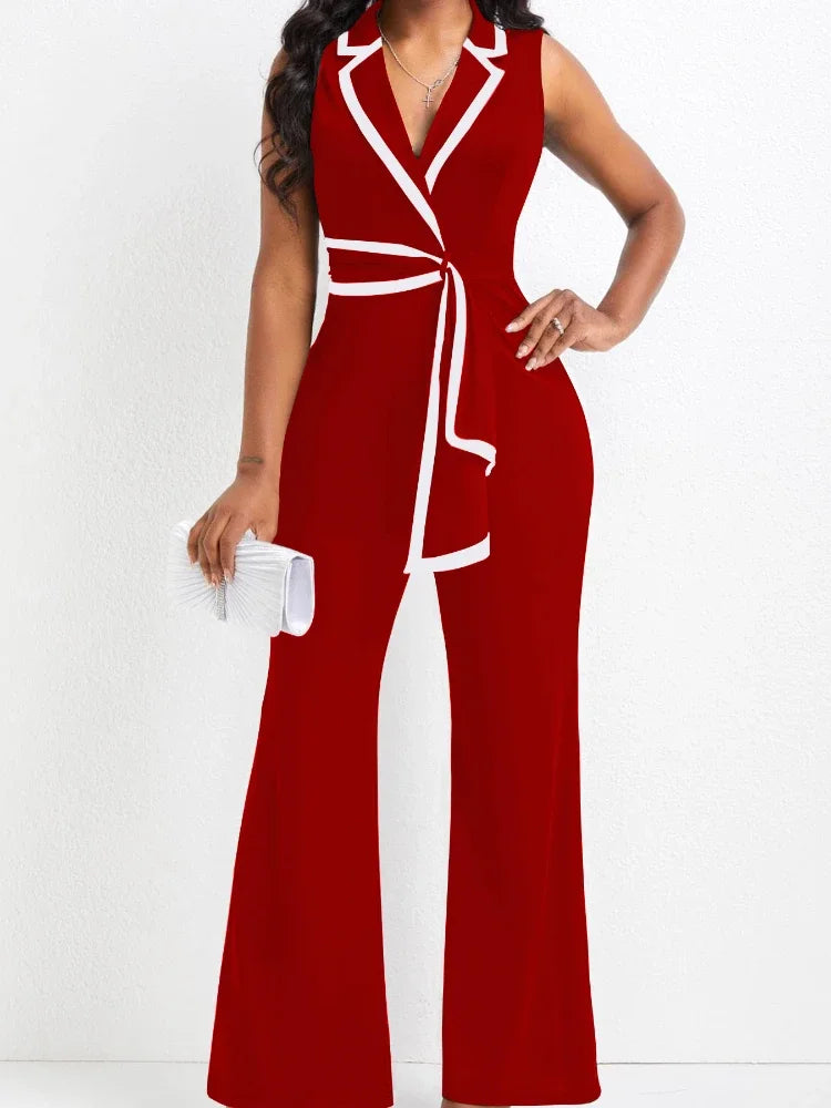 Women's Overalls Outfits Full Length New Fashion 2025 Summer V Neck Elegant Sleeveless Office Lady Jumpsuit Wide Leg Pants Good Vibrations
