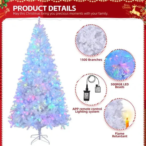 8 FT Pre-lit APP Controlled White Christmas Tree Artificial Xmas Tree 500 RGB Lights 1500 Branch Tips for Home Holiday Party Good Vibrations