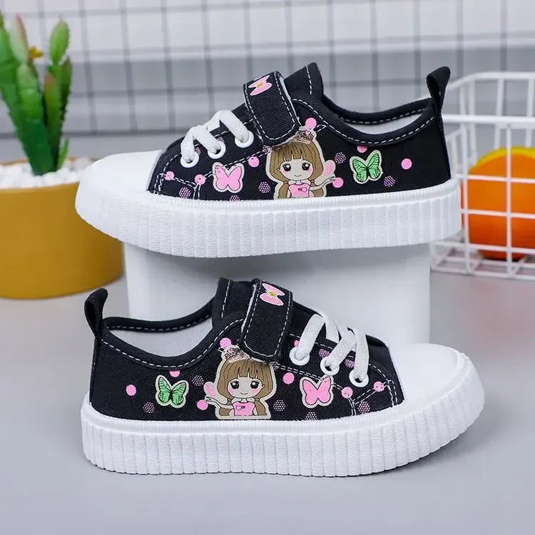 Children's Canvas Shoes Spring Autumn White Embroidery Cartoon Boys and Girls Single Shoes Pink Soft Non-slip Kids Casual Shoes Good Vibrations