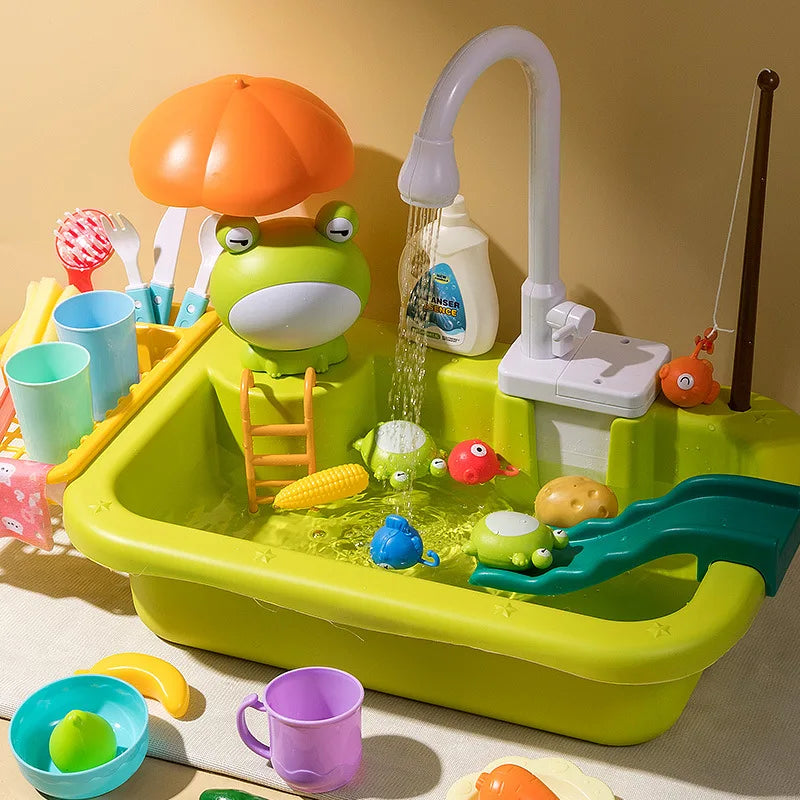 Kids Kitchen Sink Toys Electric Dishwasher Playing Toy With Running Water Pretend Play Food Fishing Toy Role Playing Girls Gift Good Vibrations