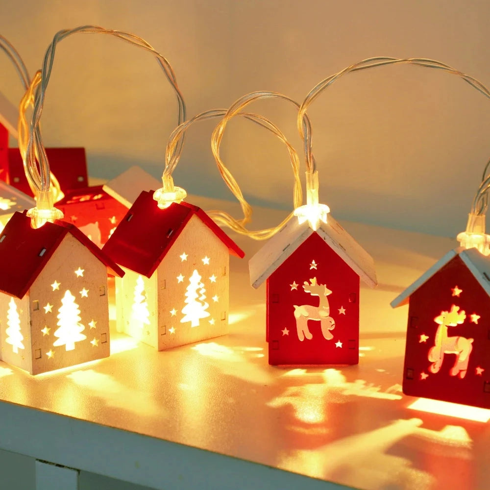 Christmas Wooden House LED String Light Xmas Tree Garland Home Fairy Lamp Merry Christmas Hanging Ornament 2025New Year Gift Noe Good Vibrations