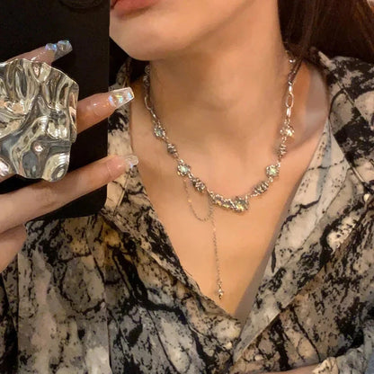 Vintage Kpop Y2K Pendant Necklaces For Women Punk Gothic Zircon Heart Cross Tassel Necklace Clavicle Choker Jewelry Gifts Good Vibrations