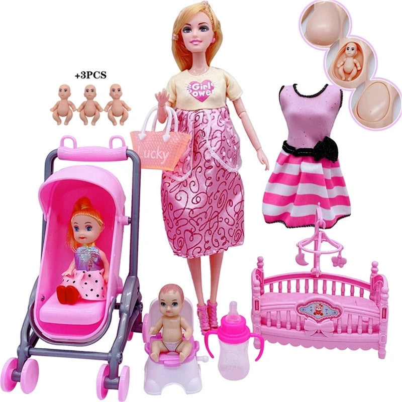 Cute DollHouse Family Doll set Stroller Accessories For 11.5'' Pregnant Dolls with Baby Doll Birthday Christmas Gift Kid Toys Good Vibrations