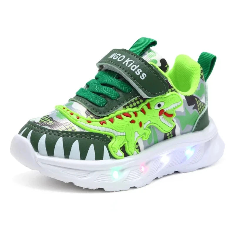 Spring New Children's Sports Shoes Cartoon Dinosaur Children's LED Light Shoes Soft Sole Boys' Causal Sneakers 2-6 Years Old Good Vibrations