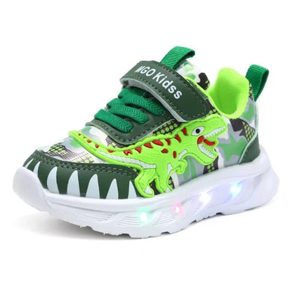 Spring New Children's Sports Shoes Cartoon Dinosaur Children's LED Light Shoes Soft Sole Boys' Causal Sneakers 2-6 Years Old Good Vibrations
