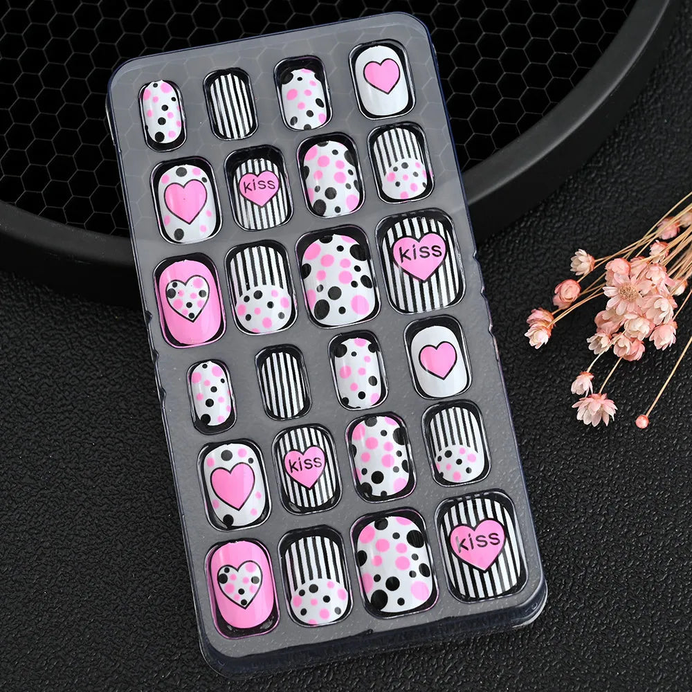 24Pcs/box Kids nails for Girl Cartoon Pattern False Nail Cute Child Fake Nails Tips Kawaii Acrylic Artificial Press on Nail+Tool Good Vibrations