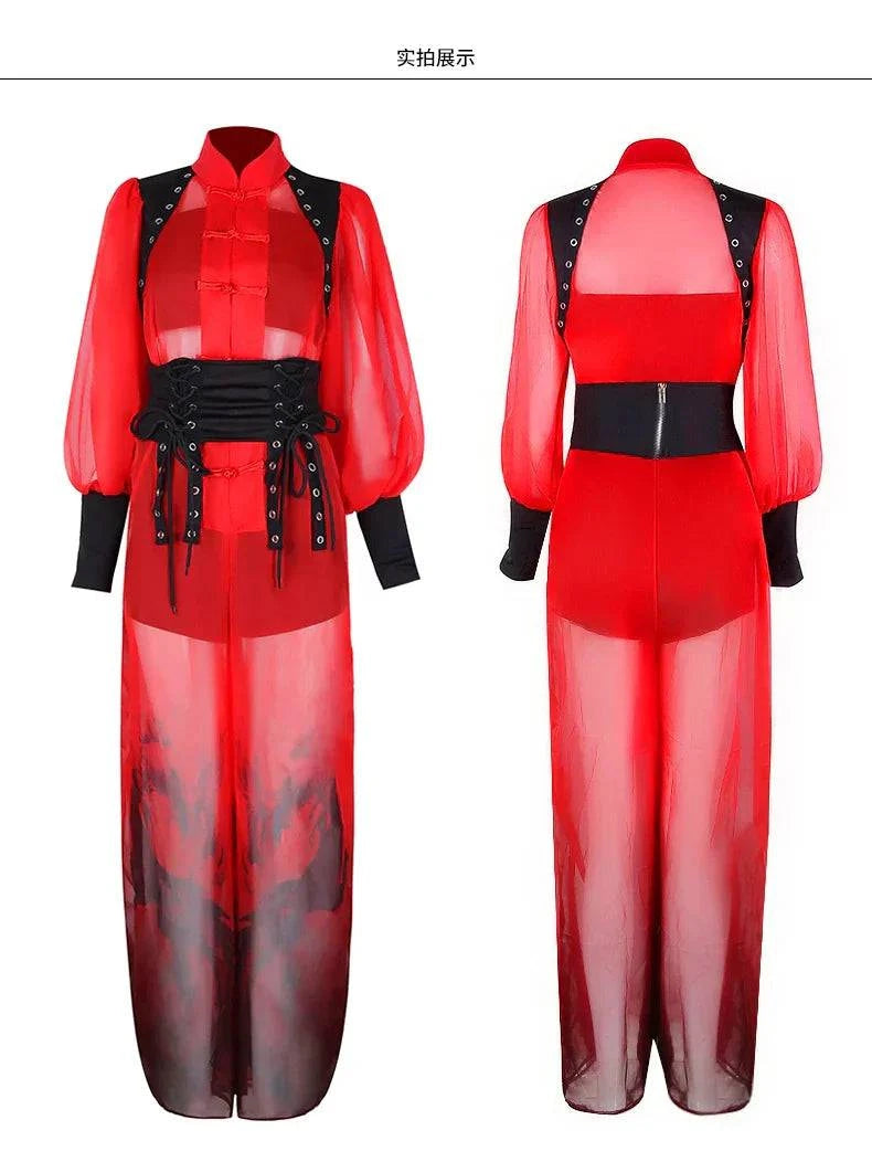 Chinese style red jazz costume for women with sheer details, designed for business shows and group singing performances.