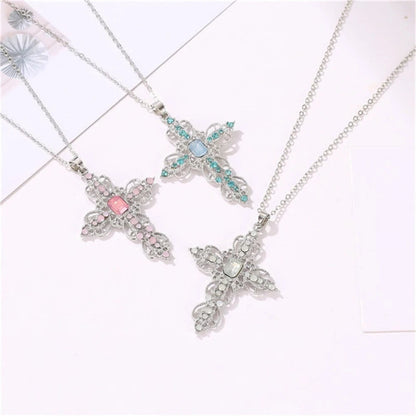 Fashion Exquisite Hollow Cross Necklace Bohemian Inlaid Rhinestones Clavicle Chain Jewelry Gifts For Women Girls Party Wearing Good Vibrations