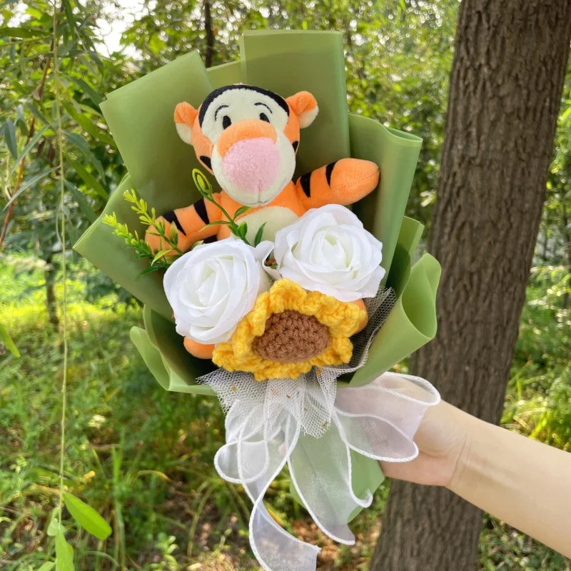 Catoon Stich Winnie the Pooh Plush Doll Toy With Flowers Creative Handmade Bouquet Valentine Christmas Graduation Gift Good Vibrations