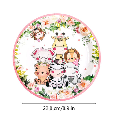 Pink Jungle Safari Birthday Decorations Animal Disposable Tableware Forest Woodland Baby Shower for Girl Birthday Party Supplies Good Vibrations