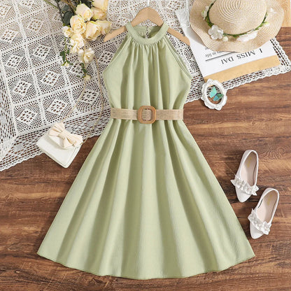 Prowow Girls Party Dresses Sleeveless Belted Halter Neck Hem Dress Holiday Beach Children's Clothing Teenagers Dress For Girls Good Vibrations