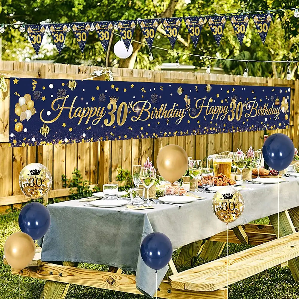 30th/40th/50th/60th/70th Birthday Decorations Men Women Birthday Balloon Garland Kit Happy Birthday Banner Blue Gold Balloon Good Vibrations