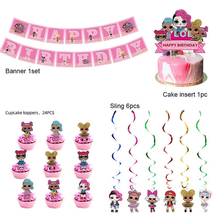 Girl Surprise Theme Backdrop Cute Shiny Doll Birthday Party Decoration Pink Latex Balloon Disposable Tableware Plate Cake Topper Good Vibrations