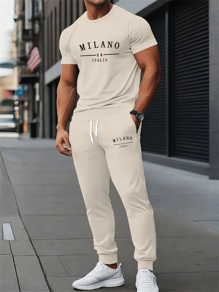 Men's Spring/Fall Two-Piece Set Crew Neck Short Sleeve Top With Relaxed Fit Casual Pants Outdoor Streetwear Minimalist Style Set Good Vibrations