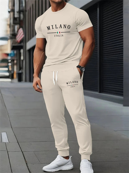 Men's Spring/Fall Two-Piece Set Crew Neck Short Sleeve Top With Relaxed Fit Casual Pants Outdoor Streetwear Minimalist Style Set Good Vibrations