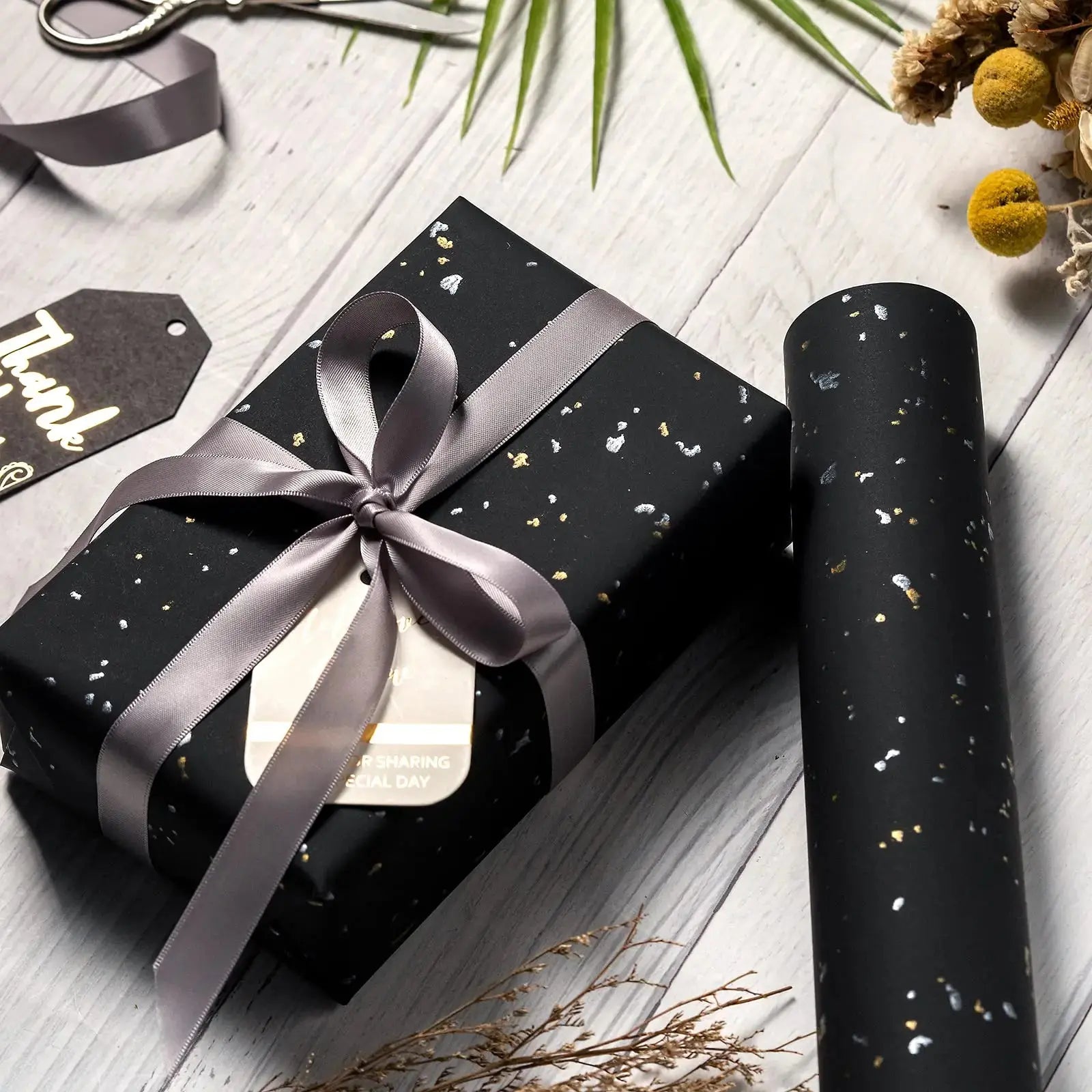 Gift Wrapping Paper Roll, 1 Roll 17inch x 120inch, Black Gold Foil Design for Holiday, Birthday, Wedding, Party Good Vibrations