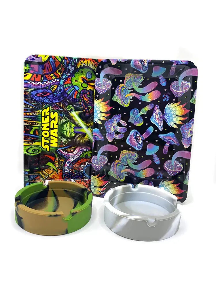 Cigarette holder ash tray with rolling tray, silicone and tinplate, colorful design.