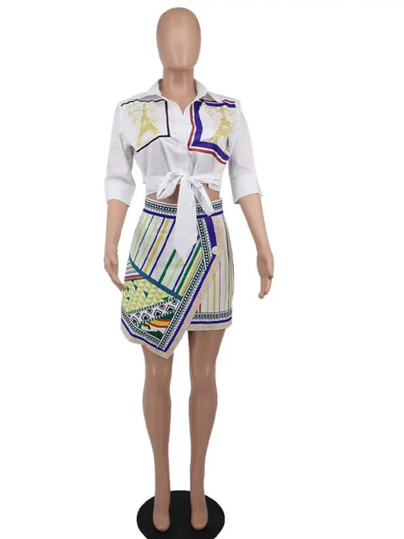 Two Piece Set Women Outfit Summer Fashion Graphic Print Buttoned Turn-Down Collar Shirt & Striped Asymmetrical Skirt Set O9ZA Good Vibrations