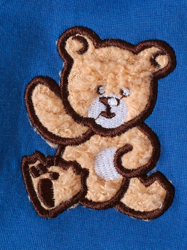 Boys' Baseball Jacket Three-Piece Set - Blue Teddy Bear Embroidered Sportswear for Toddlers, Spring/Fall Casual Outfit Good Vibrations