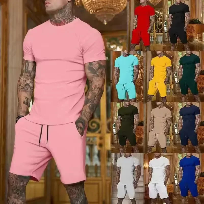 2025 Fashionable and casual summer outdoor sports suit men's breathable T-shirt shorts casual and fashionable two-piece set Good Vibrations