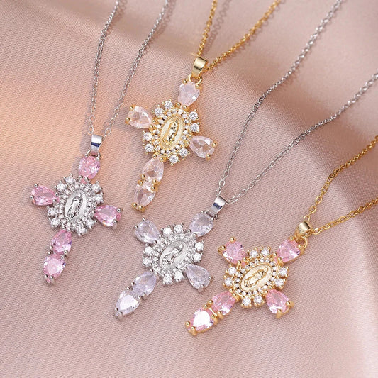 Pink Crystal White Zircon Cross Pendant Necklaces For Women Men Vintage Gold Silver Color Stainless Steel Chain Jewelry Gifts Good Vibrations