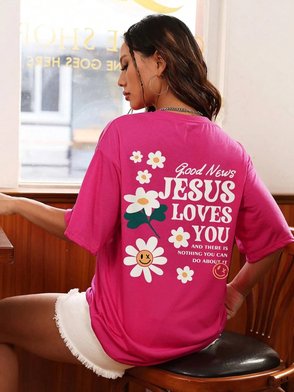 Good News Jesus Loves You Print Women T-Shirt Summer O-Neck T Shirts Basic All-Match Short Sleeve Breathable Comfortable Tops Good Vibrations