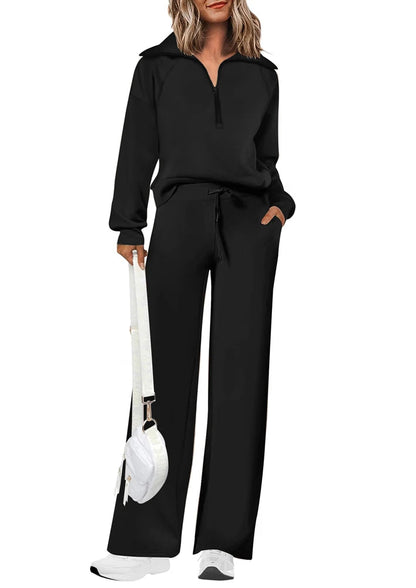 Women's Two-Piece Sports Set Loose-Fit Half-Zip Sweatshirt Wide-Leg Joggers Home & Leisure Set Sportswear Ensemble Good Vibrations