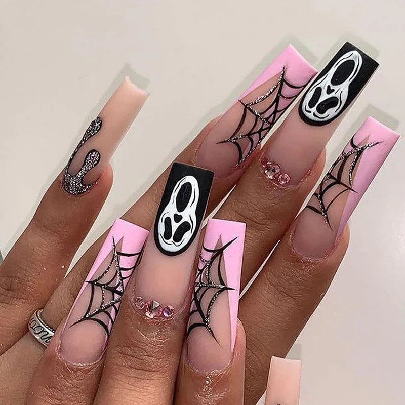 24Pcs Halloween False Nails Ghosts Bats Fake Nails Short Square Press on Nails Full Cover Nail Tips Manicure Tools Good Vibrations