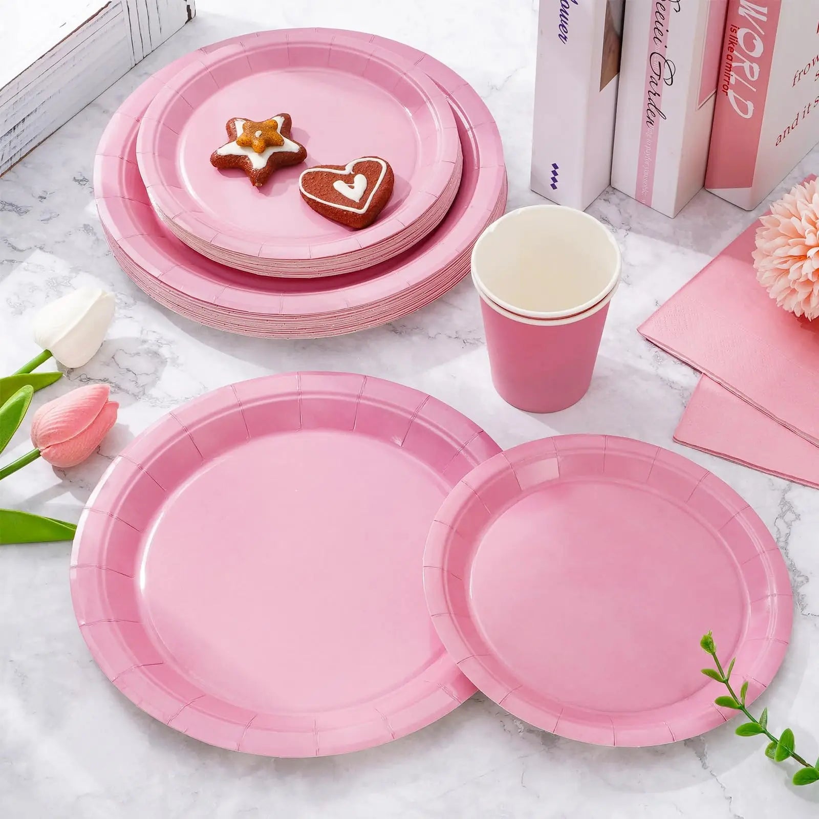Solid Color Party Set Light Pink Tableware Paper Cup Paper Plate Tablecloth Wedding Birthday Bride Party Supplies Decorations Good Vibrations