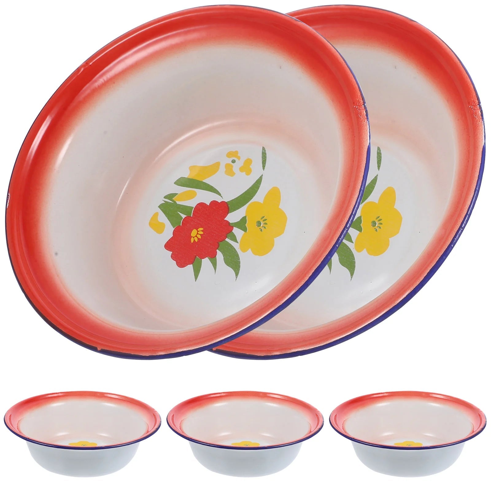 5 Pcs Red Floral Retro Enamel Disc Vintage Dinnerware Sets Enamelware Bowls Metal Plates Kitchen Storage Serving Tableware Good Vibrations
