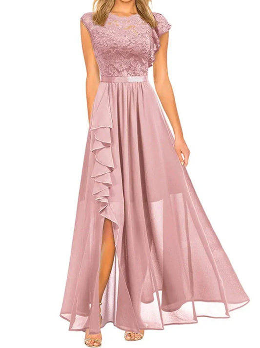 Pink evening gown with lace top and ruffled skirt on a white background