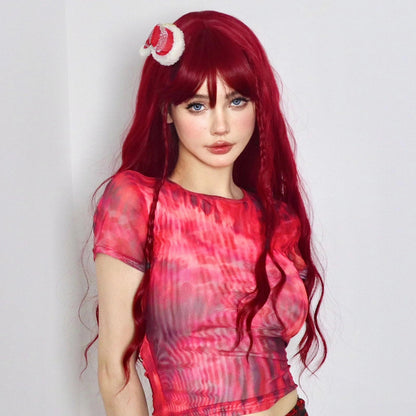 Wine Red Burgundy Synthetic Wigs for Women Long Curly Wave Cosplay Party Red Wigs with Bangs Natural Heat Resistant Daily Wigs Good Vibrations