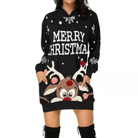 Plus Size Women's Casual Christmas Printed Long Sleeve Pocket Hooded Sweatshirt Loose Dresses Good Vibrations