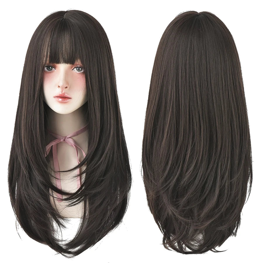 7JHHWIGS Long Wavy Synthetic Black Wigs For Women With Fringe Fashion Heat Resistant Mid-Length Daily Straight Light Brown Hair Good Vibrations
