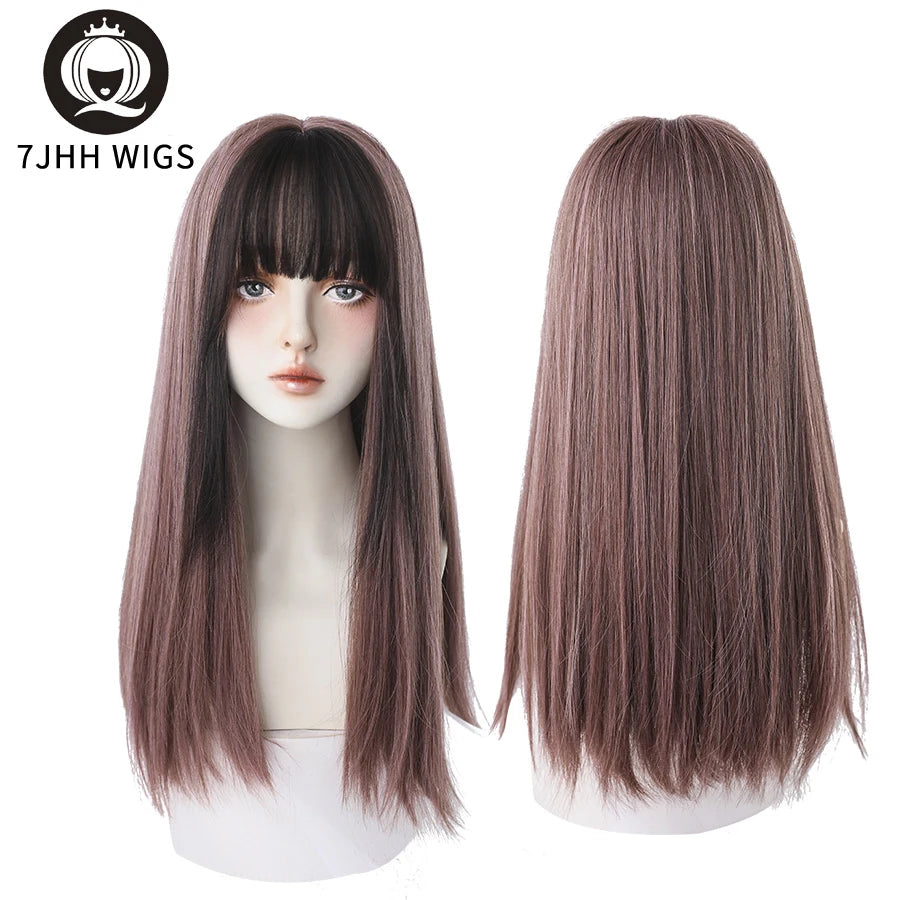 7JHHWIGS Long Wavy Synthetic Black Wigs For Women With Fringe Fashion Heat Resistant Mid-Length Daily Straight Light Brown Hair Good Vibrations