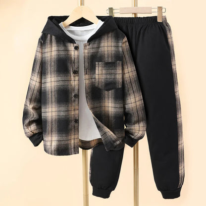 Kids Boys' Autumn Casual Checker Hoodie Set Shirt Suit Soft Ventilate Fashion Boys Suit Plaid Children's Clothing Set Good Vibrations