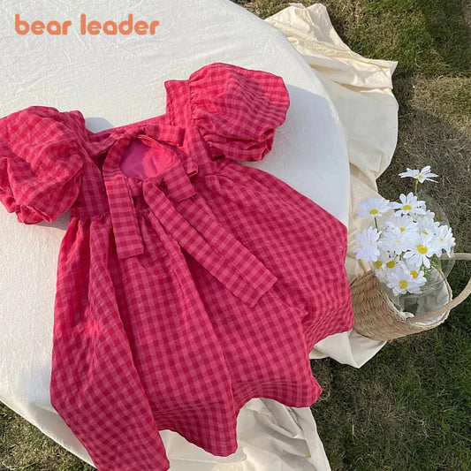 Bear Leader Rose Pink Plaid Bow Dress Elegant Lolita Child Big Girls Midi Dress Children Dresses Teens Party Princess Sundress Good Vibrations