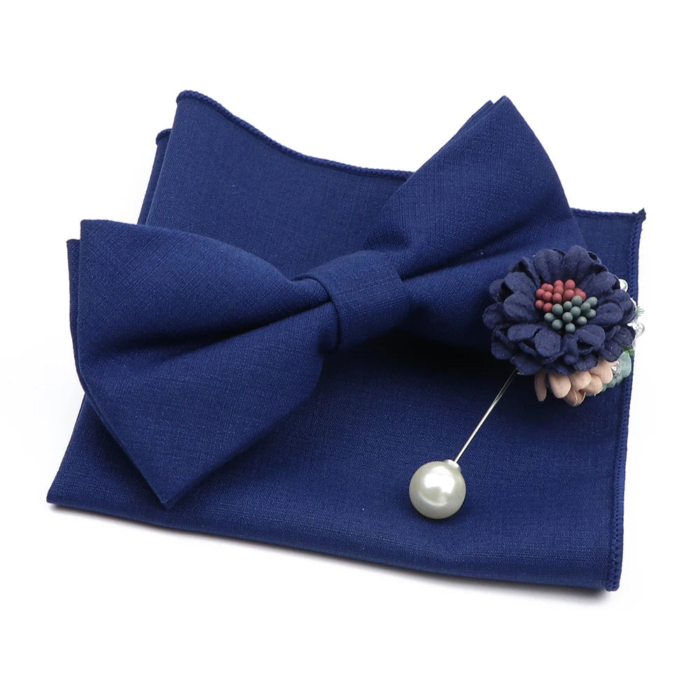 Mens Wedding Bowtie Brooch Set Romantic Solid Color Bamboo Fiber Bowknot Flower Lapel Pin Blue Pink Cravat Suit Shirt Accessory Good Vibrations