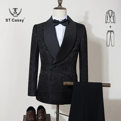 black luxury 2-piece set men suit party shawl collar double breasted business casual suit groom's wedding dress Jacquard pattern Good Vibrations