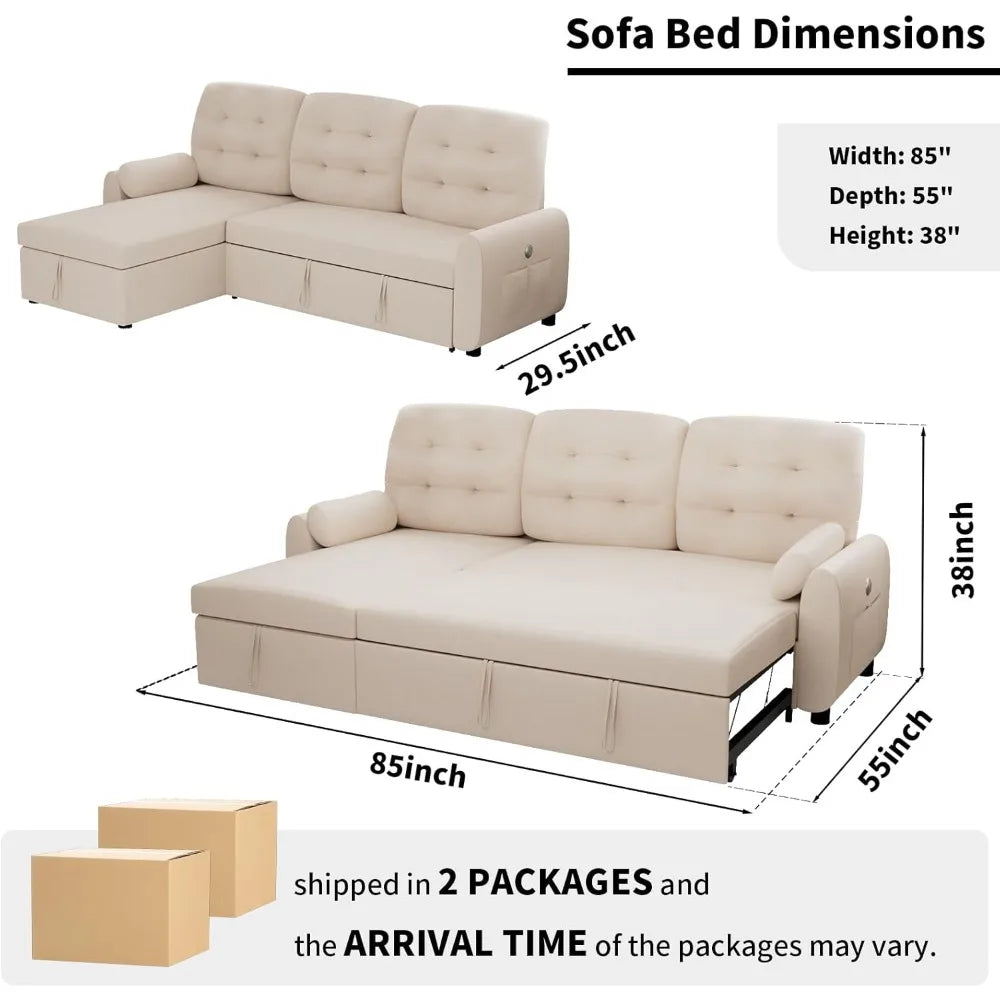 2-in-1 Sleeper Sofa – Pullout Bed with Reversible Chaise & Charging Station Good Vibrations